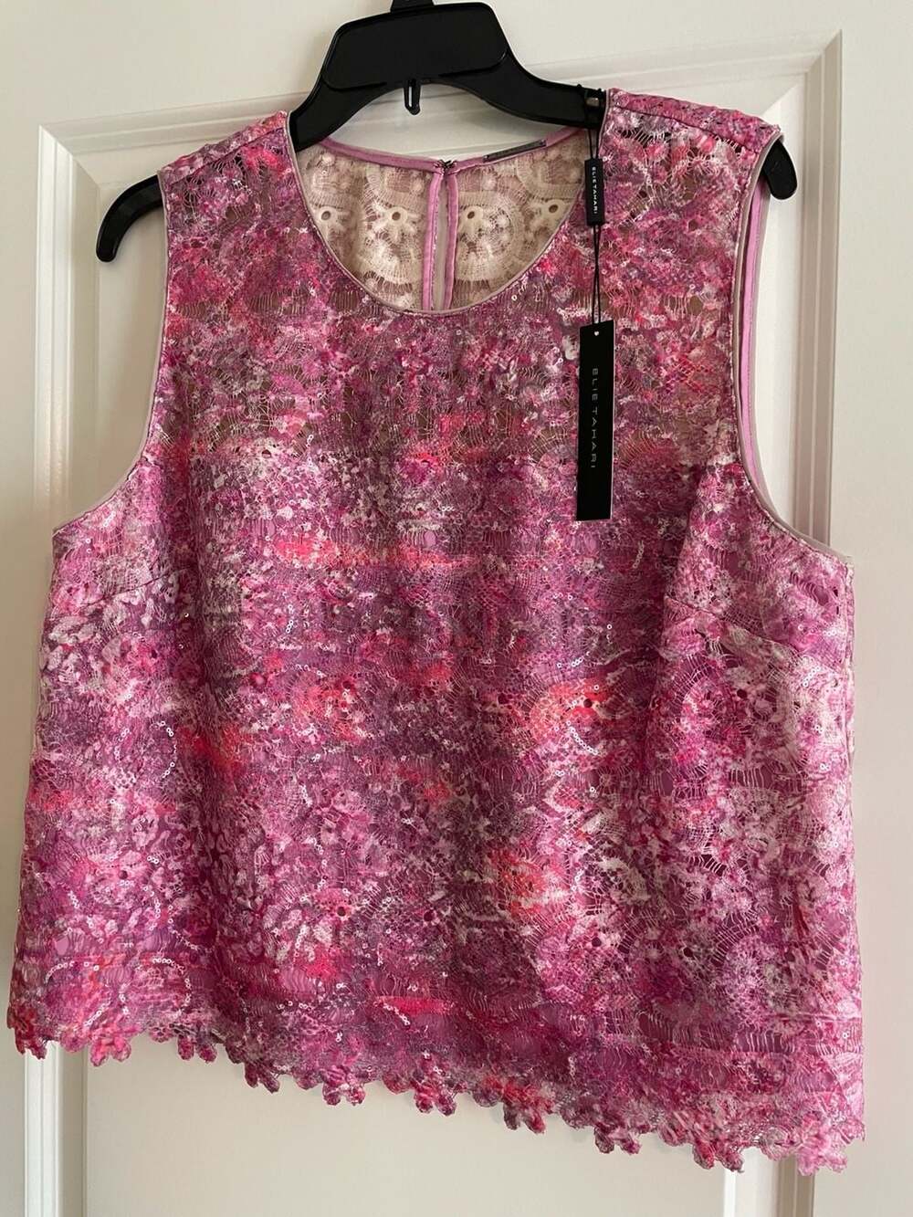 Elie Tahari Dakotra Sequin Lace Sleeveless Blouse in‎ Sweet Allium